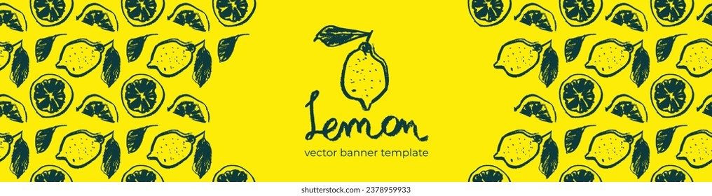 Plantilla de banner con un patrón limón de color vectorial sin fisuras. Fondo de cítricos con fondo amarillo. Ilustración de limones dibujados a mano. Emblema de limón con hojas verdes. Patrón de tejido botánico.