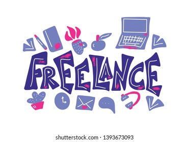Banner template of vector freelance concept. Vector stylized typography with job design elements.