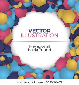 Banner template vector illustration. Abstract background from colorful hexagons. Simple but stylish round shape hexagonal frame with space for text.