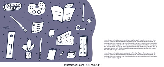 Banner template  of vector office supplies. Collection of stationery in doodle style. 