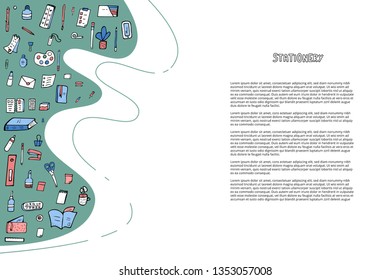 Banner template of vector office supplies. Collection of stationery in doodle style. 