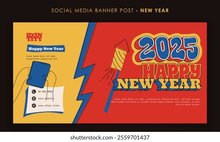 Banner template in vintage design with retro 3d typography design in red yellow background. new year celebration template design