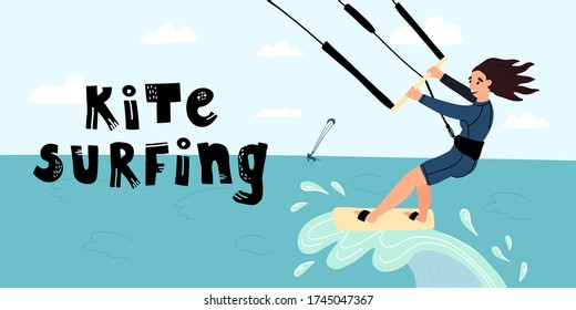 Banner template, web page design. Kite surfing hand lettering text and funny young sportsmen girl ride a wave. Flat vector isolated illustration. Another kite surfer on background.