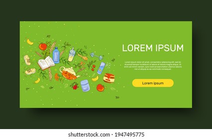 planilla de banner para la página web primera pantalla de ilustración del vector de comida vegetariana Fitness y alimentos saludables. flores, libros, agua, zapatillas, bayas