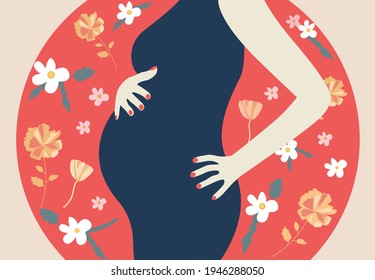 Banner template for websites, or advertising,  landing page. Pregnant woman. Mother day greeting. Health care, female, motherhood. Colorful floral illustration.