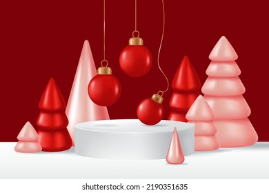 Banner template with a white podium, and realistic 3D Christmas cone trees. Vector 3D realistic illustration