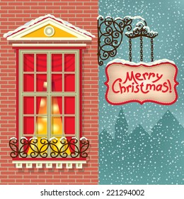 Banner template with window and sign. Greeting card. Merry Christmas!