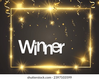 	
Banner template for winner.Vector illustration with 3D gravity text.Gold frame with confetti.