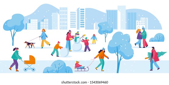 Banner template with winter activities in the park. Happy people making snowman, couple walk holding hands, woman walking with stroller in park. Flat cartoon vector illustration. Cute characters.