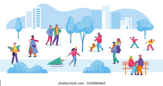 Banner template with winter activities in the park. Happy people walk around the park, a couple sit on a bench, a girl plays with her dog. Flat cartoon vector illustration. Cute characters.