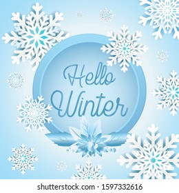 Banner Template. Winter background banner containing snowflake geometry with text space in a blue frame there is also a decoration of leaf flora. Papercut-style banner