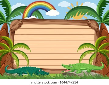 Banner template with wooden board and crocodiles in the park illustration