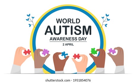 Plantilla de cartel para el Día Mundial de Concienciación sobre Austicidad, 2 de abril. Este día será un día para crear conciencia sobre los trastornos del espectro autista en la gente. Incluyen autismo y síndrome de asperger. Visera multicolor.