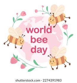 Banner or template for world bee day. Vector illustration bees fly around the globe with flowers. 