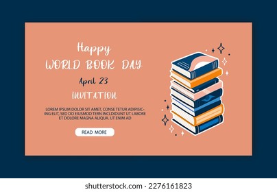 Plantilla de banner para el día mundial del libro. Pila de libros para leer en estilo de diseño plano.