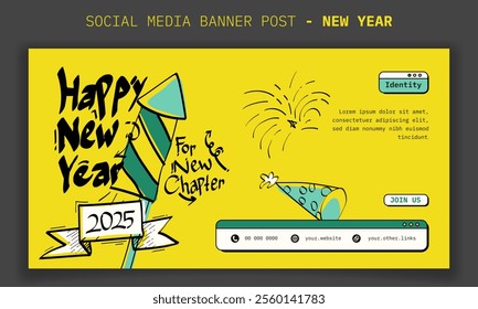 Banner template in yellow background with line art typography and fireworks design. new year celebration template design