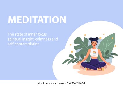 Banner template for yoga and meditation, relaxation and stress relief topics. Girl sitting in lotus position practicing meditation. Vector illustration with character and blue background.