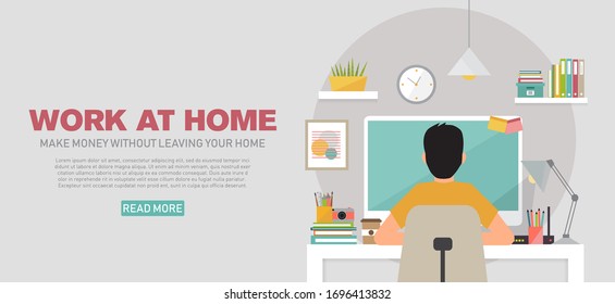 banner template with young man working at home, vector illustration