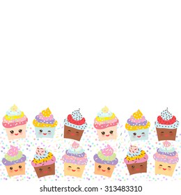 Banner template for your text, Card design with Cupcake Kawaii funny muzzle with pink cheeks and winking eyes, pastel colors on white background. Vector