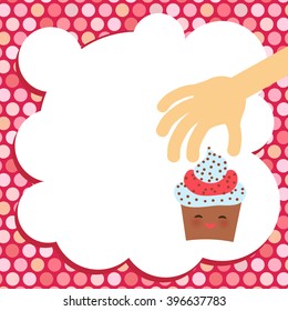 Banner template for your text, Card design with Cupcake Kawaii funny muzzle with pink cheeks and winking eyes, pastel colors on white, pink polka dot background. Vector