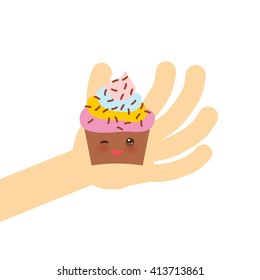 Banner template for your text, Card design with Cupcake Kawaii funny muzzle with pink cheeks and winking eyes, pastel colors on white background. Vector