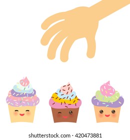 Banner template for your text, Card design with Cupcake Kawaii funny muzzle with pink cheeks and winking eyes, pastel colors on white background. Vector