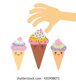 Banner template for your text, Card design with Ice cream waffle cone Kawaii funny muzzle with pink cheeks and winking eyes, pastel colors on white background. Vector