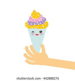 Banner template for your text, Card design with Ice cream waffle cone Kawaii funny muzzle with pink cheeks and winking eyes, pastel colors on white background. Vector