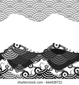 banner template for your text. pattern scales simple Nature background with japanese sakura, wave circle pattern. Grey black card design on white background. Vector