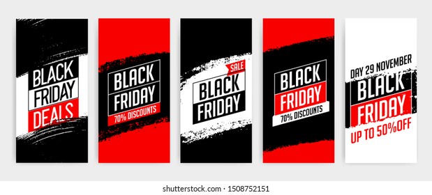 Banner templates for black friday. Promotion banner, offer, sale. Templates for social media stories, flyers, poster. Black, red and white color. Black Friday text. Texture, vector strokes.