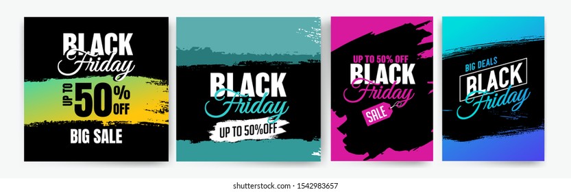 Banner templates for black friday. Promotion banner, offer, sale. Templates for web banners, flyers, poster. Colorful background and text. Black Friday text. Label icon. Texture, vector strokes.