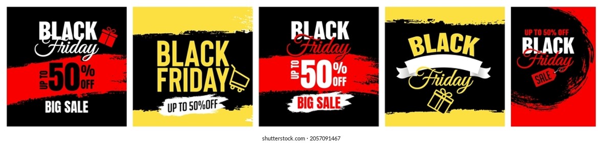 Banner templates for black friday. Promotion banner, offer, sale. Templates for web banners, flyers, poster. Colorful background and text. Black Friday text. Label icon. Texture, vector strokes.