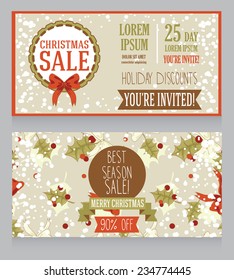 banner templates for christmas sale, horizontal cards with holly and bows traditional decoration, vector illustration