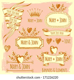 Banner templates, elements. Elements of design for wedding. Valentine's Day