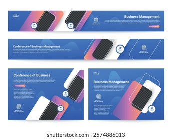 Banner templates featuring vibrant design for a business management conference, including dates, topics and modern graphics that enhance the professional appeal of the event.