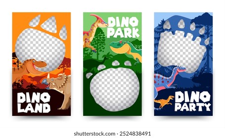 Modelos de banner com pegadas de dinossauros pré-históricos. Quadros vetoriais coloridos para a terra dos dinos, o parque dos dinos ou eventos da festa dos dinos com fundos jurássicos vibrantes com animais répteis antigos engraçados