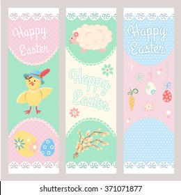 Banner Templates. Happy Easter. ?hicken, Lamb, painted Easter eggs and flowers.