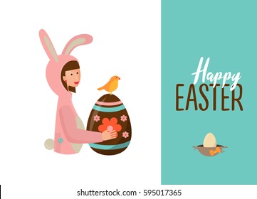 Banner templates. Happy Easter! Woman in a bunny suit holding an Easter egg. Cute vector flat illustration. Use for print, web, banner, website, corporate report, presentation, advertising, marketing.