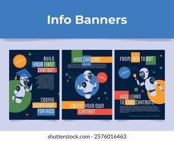 Banner templates inviting to a programming workshop for kids, where they will learn how to develop chatbots through engaging activities in a fun environment.