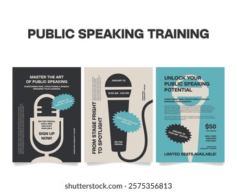 Banner templates inviting you to boost your confidence and communication skills with engaging public speaking training