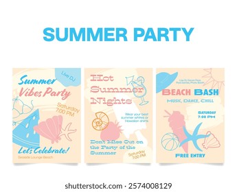 Banner templates that showcase bright and colorful designs for upcoming summer parties featuring live music, dancing and refreshing drinks in a festive atmosphere.