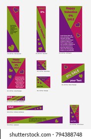 Banner templates for Valentin in bright colors. eleven banners in set. Vector illustration