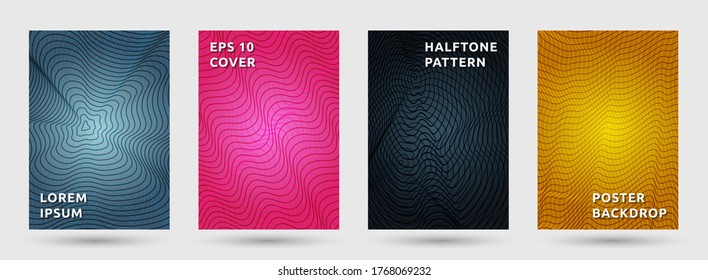 Banner templates vector collection. Flat halftone pattern covers. Title pages with halftone waves texture geometric design. Gradient curve waves cover page layouts. Dynamic backdrops.