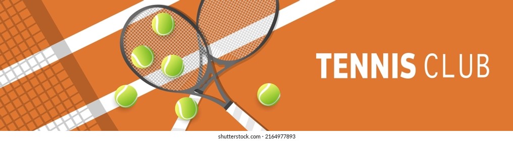 Banner Tennis ball on Tennis racket on the white line clay court tennis , Illustrations for use in online sporting events , Illustration Vector  EPS 10