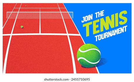 Anuncio para competición de tenis, pelota y raqueta sobre un fondo verde, cancha, gráficos de Vector, ilustración, texto