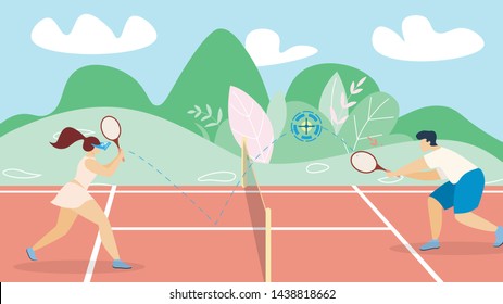 Banner Tennis Game Development Strategy Lettering. Poster Professional Players are on Different Sides Net. Flyer One Players is Server, Second One who Serves Cartoon. Vector Illustration.