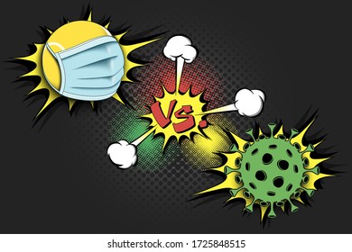 Banner tennis vs covid-19. Tennis ball with a protection mask against coronavirus sign. Cancellation of sports tournaments. The worldwide fight against the pandemic. Vector illustration