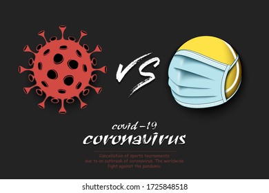 Banner tennis vs covid-19. Tennis ball with a protection mask against coronavirus sign. Cancellation of sports tournaments. The worldwide fight against the pandemic. Vector illustration