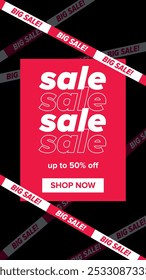 Banner with the text "Black Friday," discounts up to 50%, minimalism, shop now, ribbons in the background