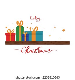 Banner with text CHRISTMAS LOADING and gifts on white background